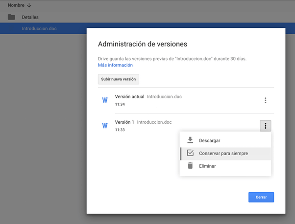 Administración de versiones Google Drive